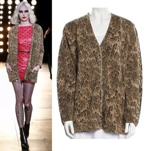 2015 Saint Laurent Hedi Metallic Wool Cardigan Women M Leopard Gold Silk Italy